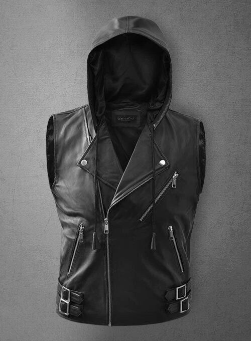Black Leather Hooded Biker Vest - Premium Full-Grain Leather Asymmetric Zipper Moto Vest