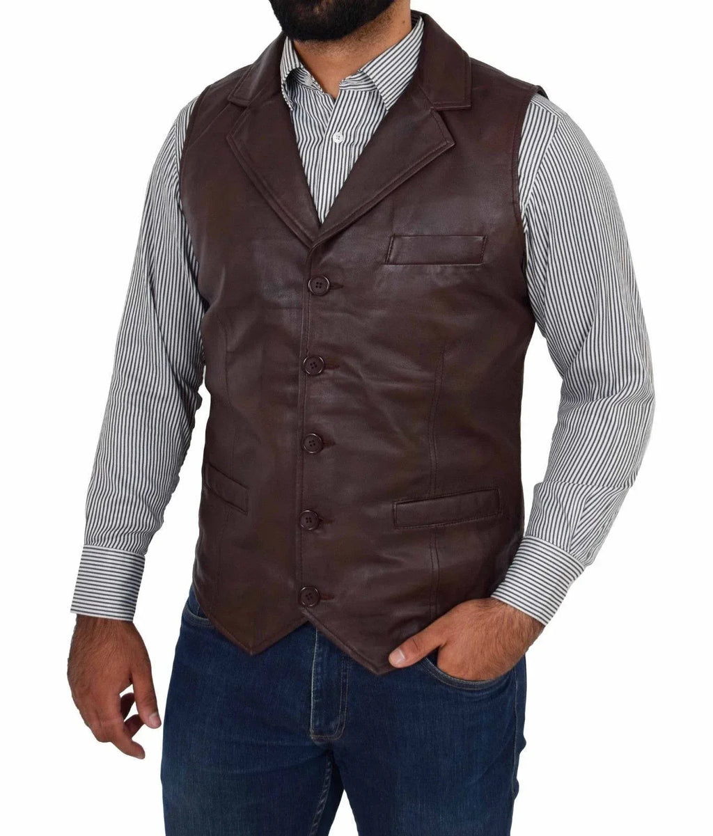 Brown Leather Vest - Premium Full-Grain Leather Formal Waistcoat with Notched Lapels