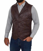 Brown Leather Vest - Premium Full-Grain Leather Formal Waistcoat with Notched Lapels