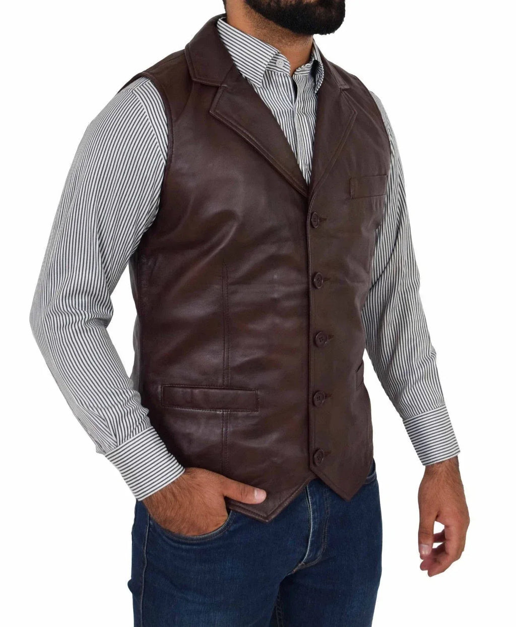 Brown Leather Vest - Premium Full-Grain Leather Formal Waistcoat with Notched Lapels