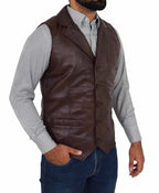 Brown Leather Vest - Premium Full-Grain Leather Formal Waistcoat with Notched Lapels