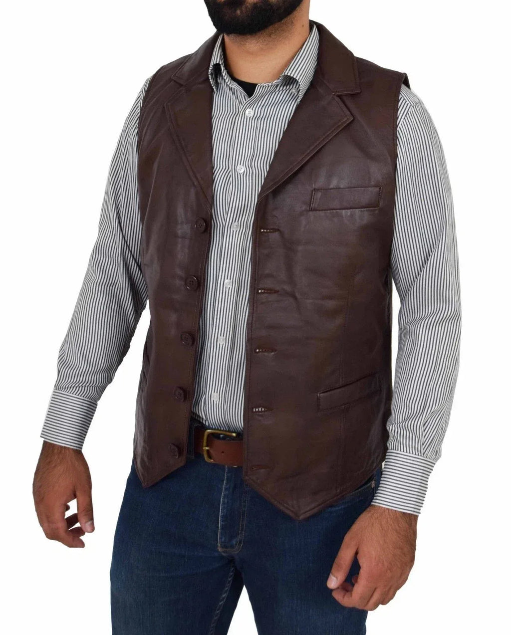 Brown Leather Vest - Premium Full-Grain Leather Formal Waistcoat with Notched Lapels