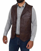 Brown Leather Vest - Premium Full-Grain Leather Formal Waistcoat with Notched Lapels