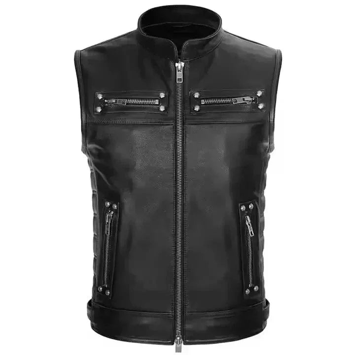 Black Leather Motorcycle Vest - Premium Full-Grain Leather Band Collar Biker Vest