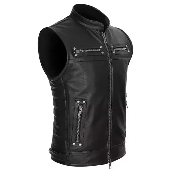 Black Leather Motorcycle Vest - Premium Full-Grain Leather Band Collar Biker Vest