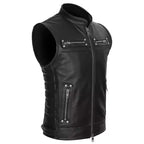 Black Leather Motorcycle Vest - Premium Full-Grain Leather Band Collar Biker Vest
