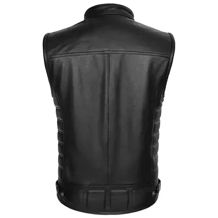 Black Leather Motorcycle Vest - Premium Full-Grain Leather Band Collar Biker Vest