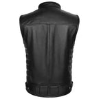 Black Leather Motorcycle Vest - Premium Full-Grain Leather Band Collar Biker Vest