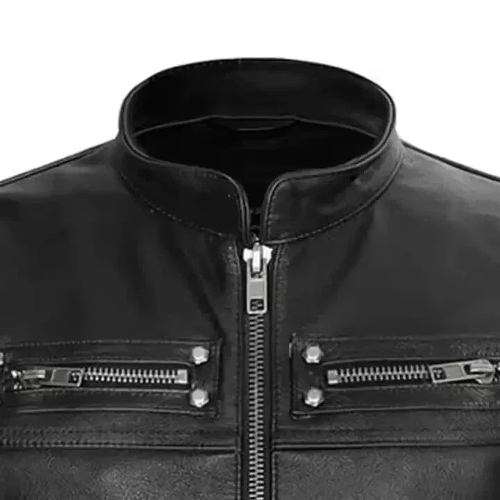 Black Leather Motorcycle Vest - Premium Full-Grain Leather Band Collar Biker Vest