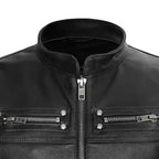 Black Leather Motorcycle Vest - Premium Full-Grain Leather Band Collar Biker Vest