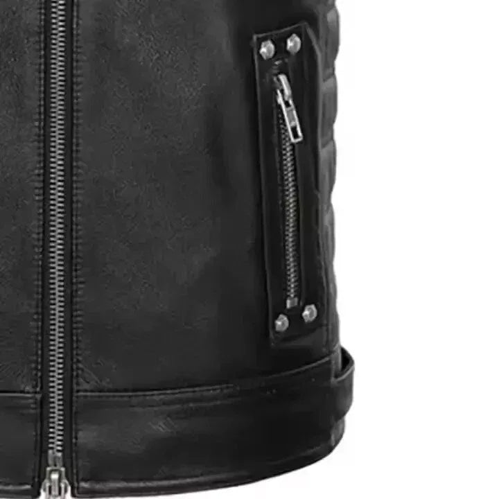 Black Leather Motorcycle Vest - Premium Full-Grain Leather Band Collar Biker Vest