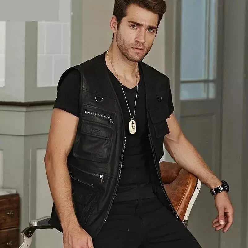 Black Leather Tactical Utility Vest - Premium Full-Grain Leather Multi-Pocket Cargo Vest