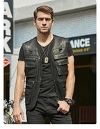 Black Leather Tactical Utility Vest - Premium Full-Grain Leather Multi-Pocket Cargo Vest
