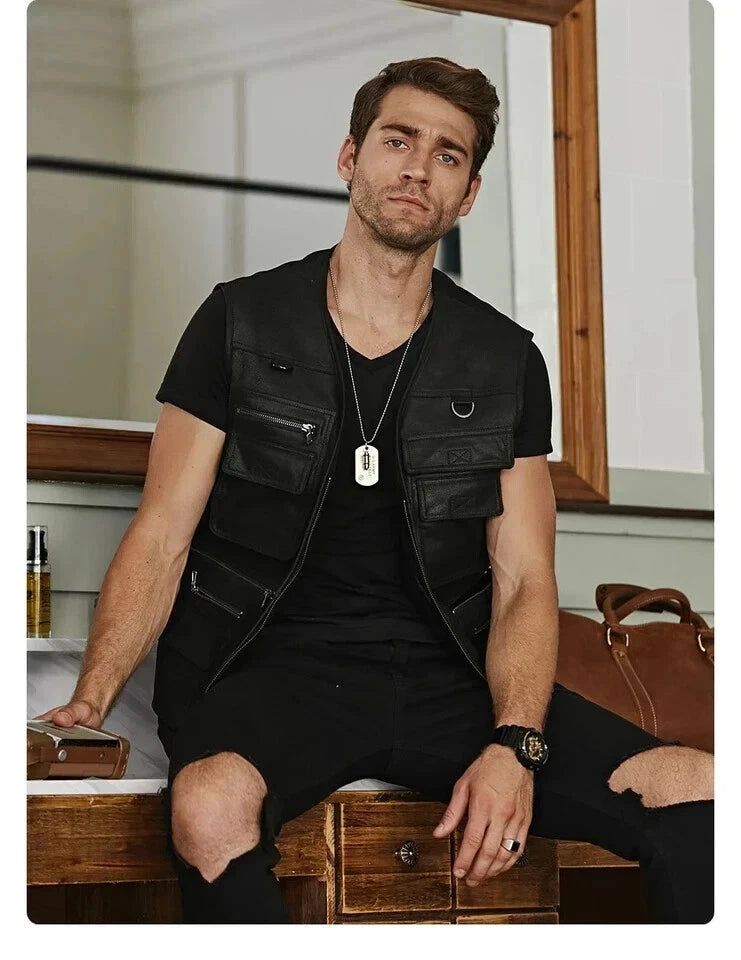 Black Leather Tactical Utility Vest - Premium Full-Grain Leather Multi-Pocket Cargo Vest