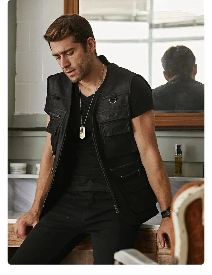 Black Leather Tactical Utility Vest - Premium Full-Grain Leather Multi-Pocket Cargo Vest