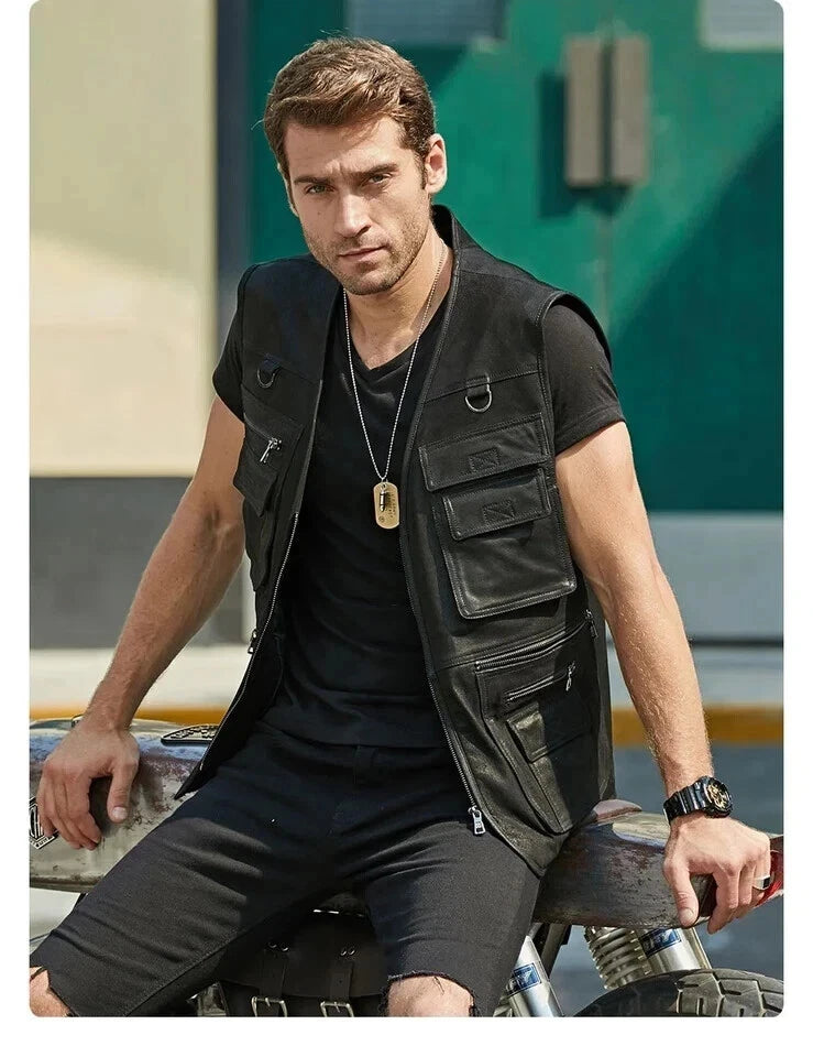 Black Leather Tactical Utility Vest - Premium Full-Grain Leather Multi-Pocket Cargo Vest