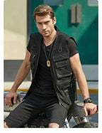 Black Leather Tactical Utility Vest - Premium Full-Grain Leather Multi-Pocket Cargo Vest