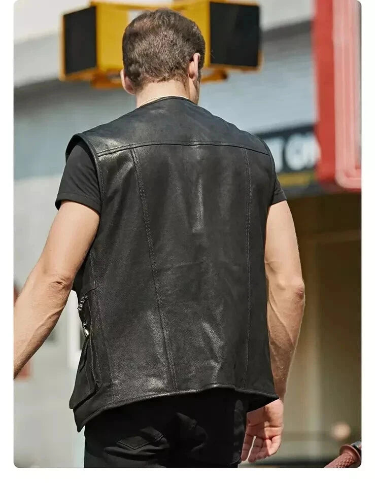 Black Leather Tactical Utility Vest - Premium Full-Grain Leather Multi-Pocket Cargo Vest