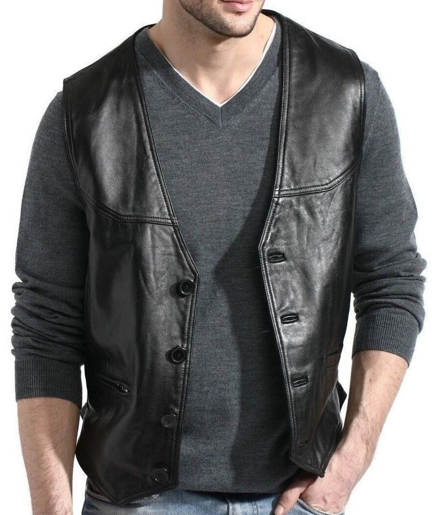 Black Leather Vest with Fabric Sleeves - Premium Full-Grain Leather Hybrid Jacket