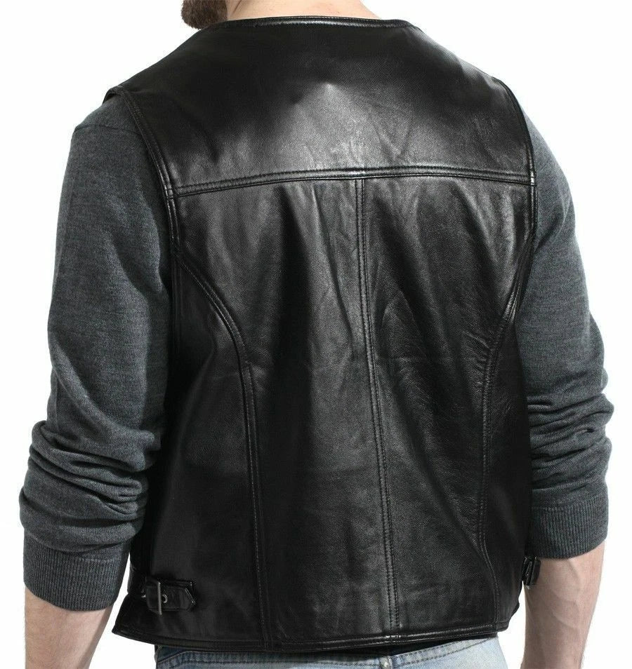 Black Leather Vest with Fabric Sleeves - Premium Full-Grain Leather Hybrid Jacket