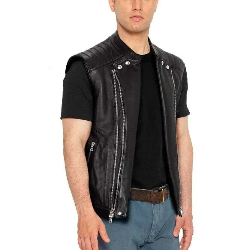 Black Leather Biker Vest - Premium Full-Grain Leather Asymmetric Zipper Moto Vest with Quilted Shoulders