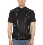 Black Leather Biker Vest - Premium Full-Grain Leather Asymmetric Zipper Moto Vest with Quilted Shoulders