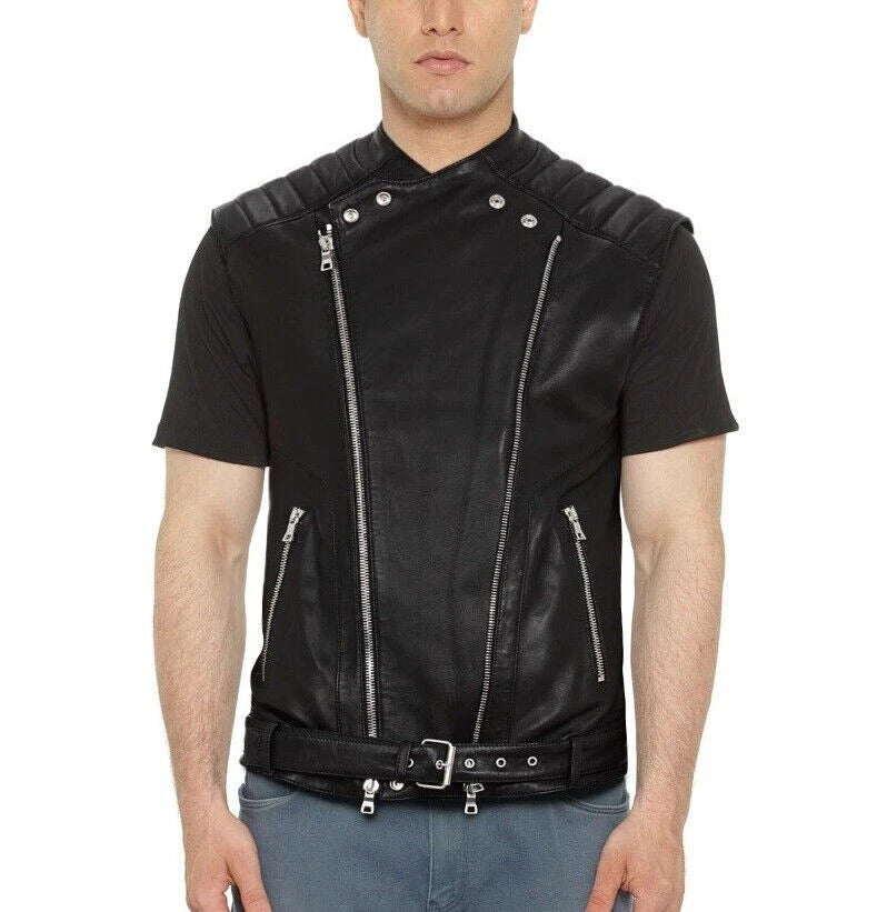 Black Leather Biker Vest - Premium Full-Grain Leather Asymmetric Zipper Moto Vest with Quilted Shoulders