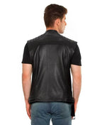 Black Leather Biker Vest - Premium Full-Grain Leather Asymmetric Zipper Moto Vest with Quilted Shoulders