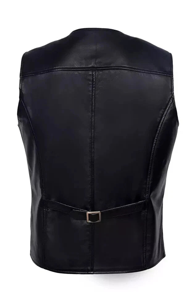 Black Leather Waistcoat - Premium Full-Grain Leather Vest for Men & Women