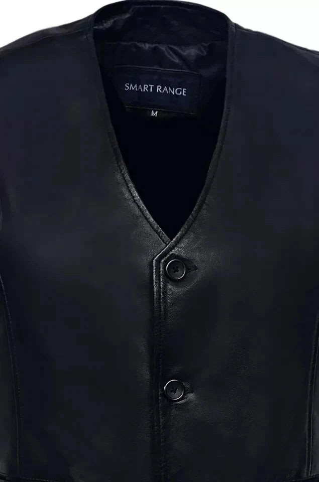 Black Leather Waistcoat - Premium Full-Grain Leather Vest for Men & Women