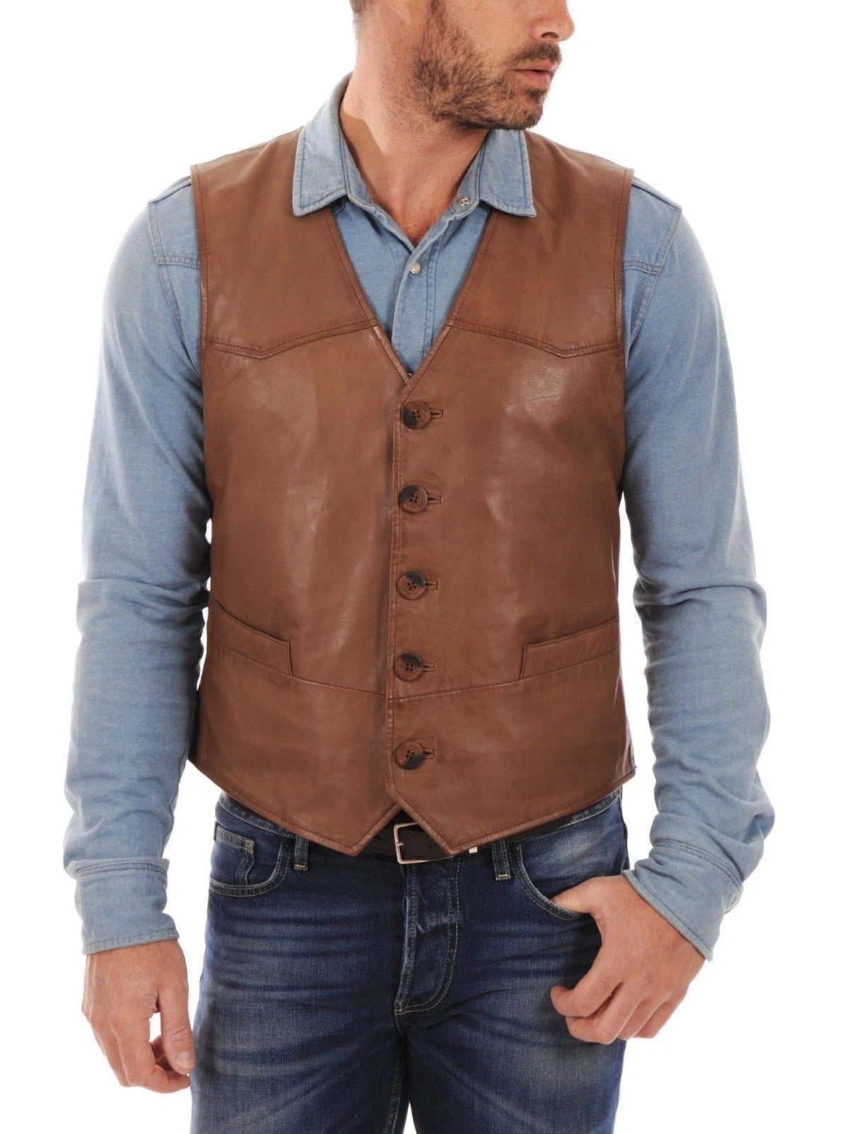 Tan Brown Leather Vest - Premium Full-Grain Leather Waistcoat for Men & Women