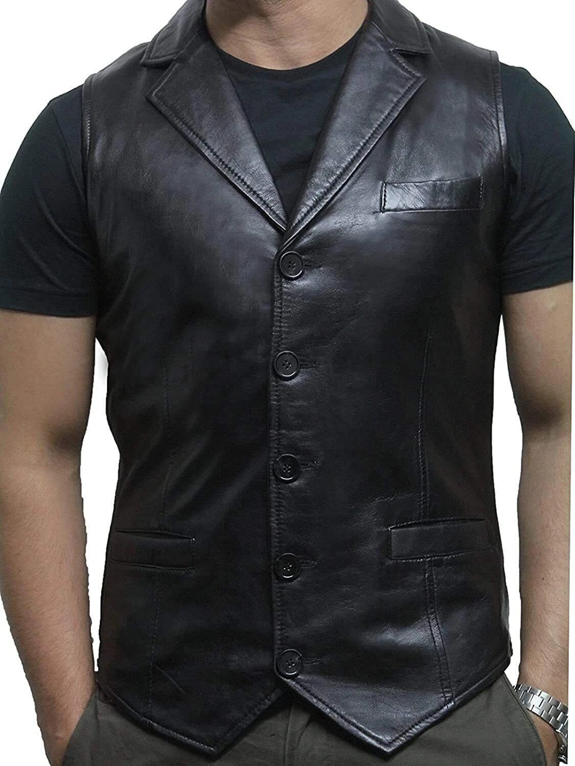 Black Leather Vest with Notched Lapels - Premium Full-Grain Leather Waistcoat for Men & Women