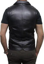 Black Leather Vest with Notched Lapels - Premium Full-Grain Leather Waistcoat for Men & Women