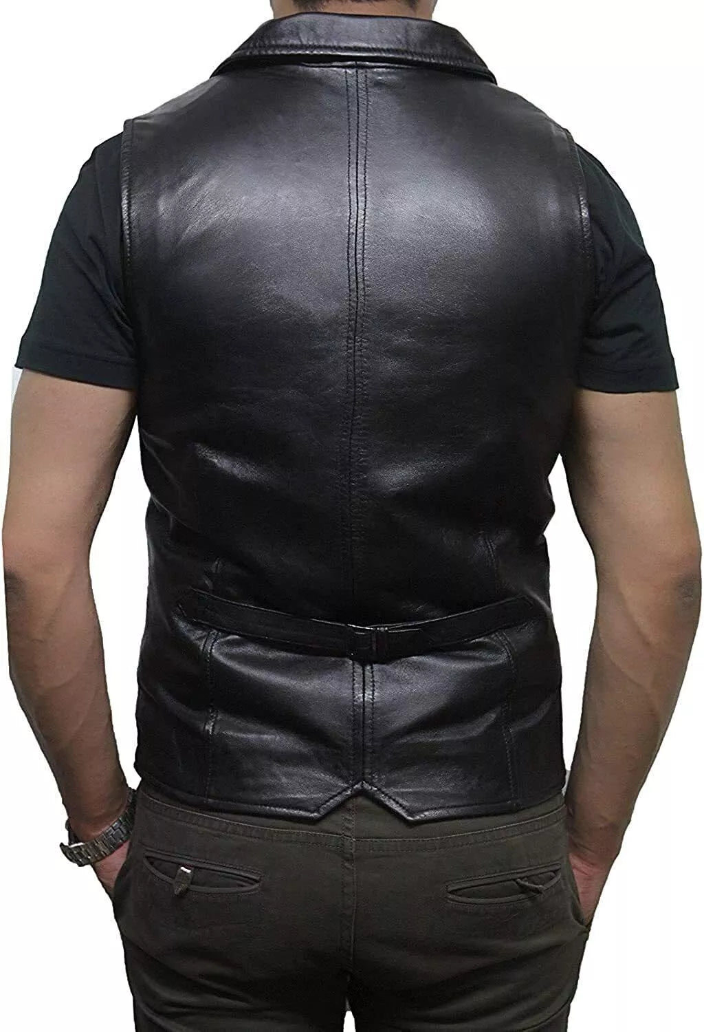 Black Leather Vest with Notched Lapels - Premium Full-Grain Leather Waistcoat for Men & Women