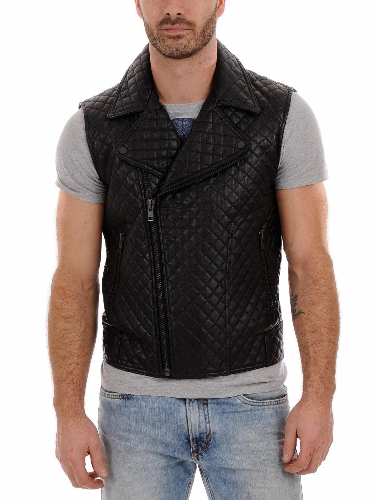 Black Quilted Original Leather Biker Vest - Premium Full-Grain Leather Moto Vest for Men & Women