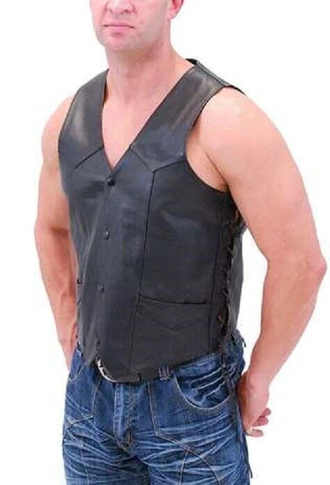 Black Original Leather Biker Waistcoat - Premium Full-Grain Leather Vest for Men & Women