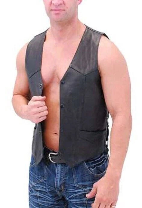 Black Original Leather Biker Waistcoat - Premium Full-Grain Leather Vest for Men & Women