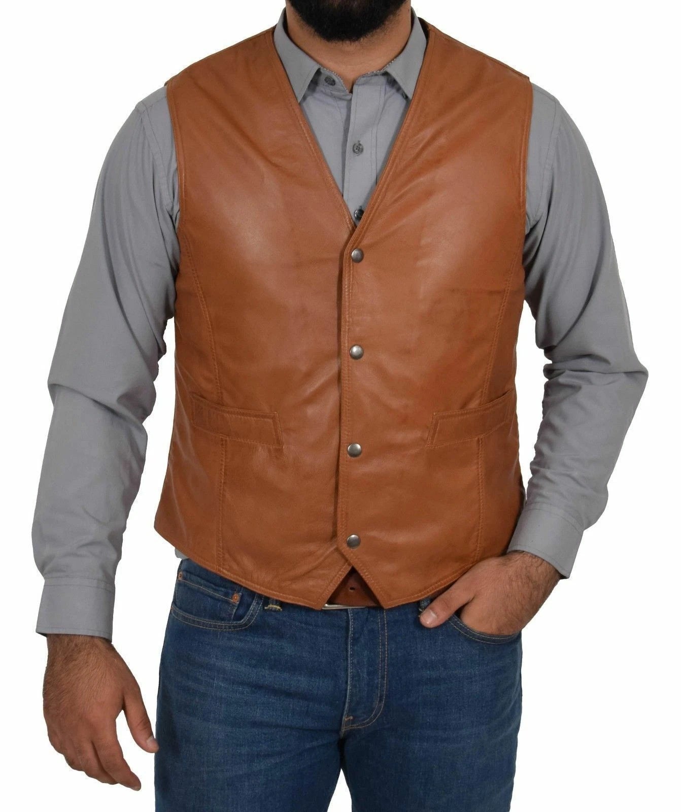 Cognac Brown Leather Waistcoat - Premium Full-Grain Leather Vest for Men & Women