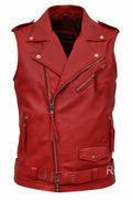 Red Leather Moto Vest - Premium Full-Grain Leather Biker Vest for Men & Women