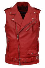 Red Leather Moto Vest - Premium Full-Grain Leather Biker Vest for Men & Women