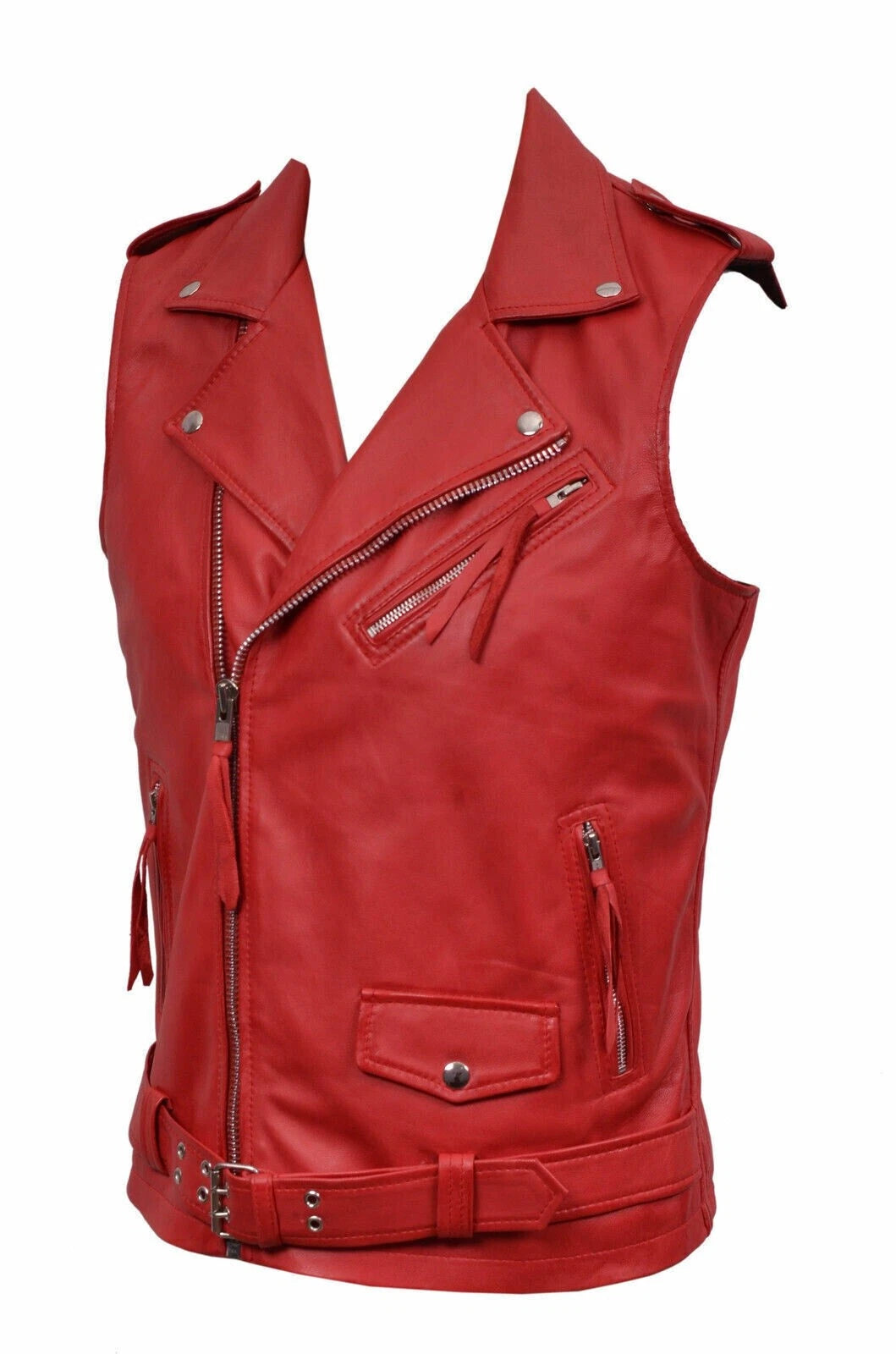 Red Leather Moto Vest - Premium Full-Grain Leather Biker Vest for Men & Women