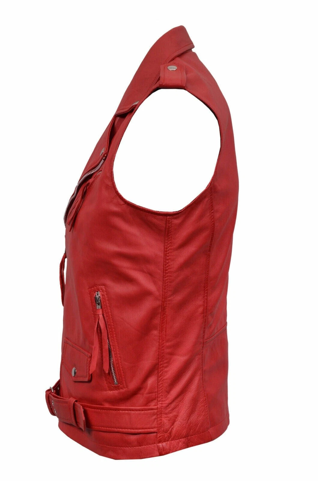 Red Leather Moto Vest - Premium Full-Grain Leather Biker Vest for Men & Women