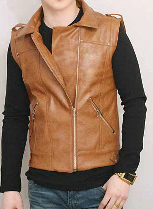 Camel Tan Leather Moto Vest - Premium Full-Grain Leather Biker Vest for Men & Women