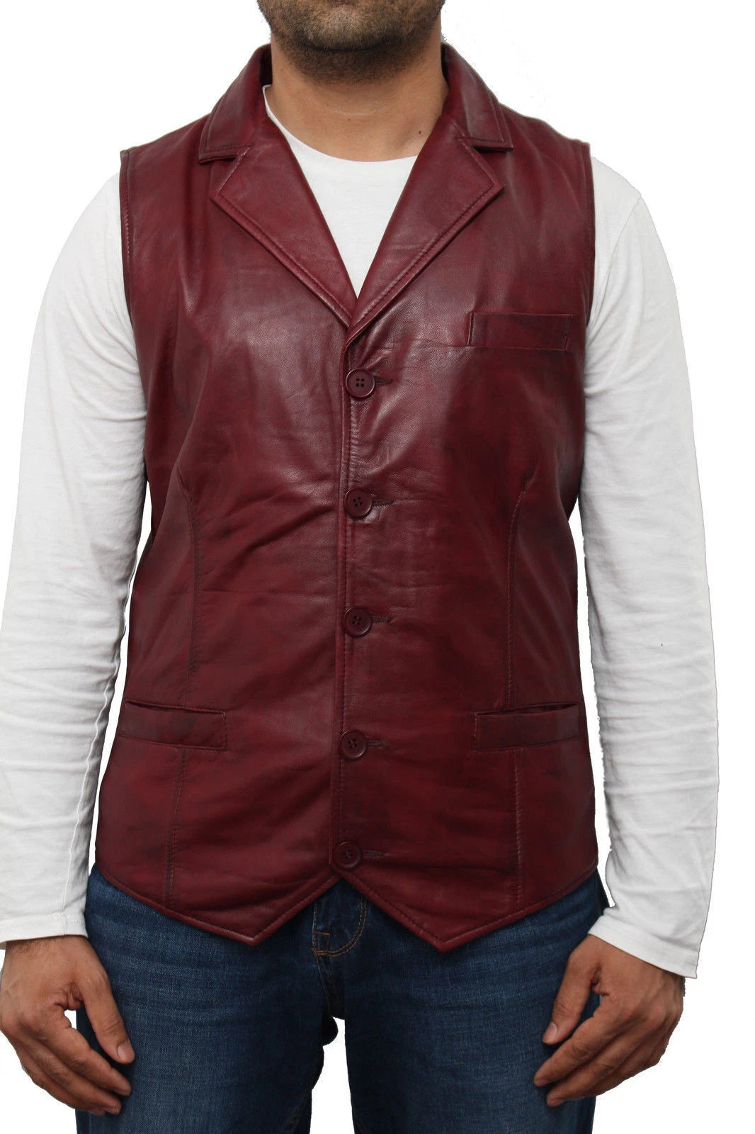 Burgundy Leather Waistcoat with Notched Lapels - Premium Full-Grain Leather Vest for Men & Women