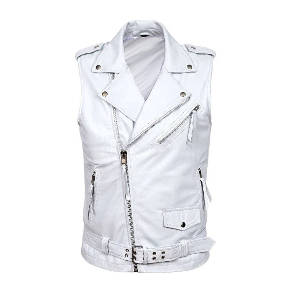 White Leather Moto Vest - Premium Full-Grain Leather Biker Vest for Men & Women
