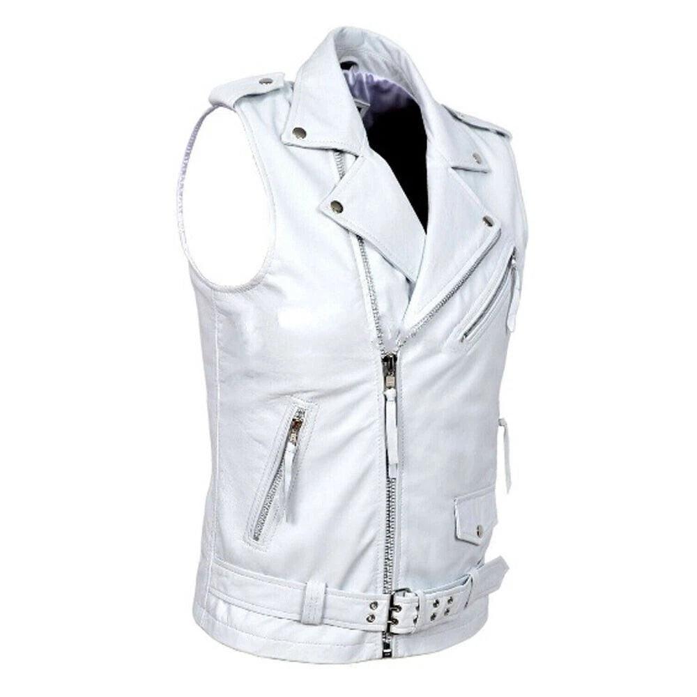 White Leather Moto Vest - Premium Full-Grain Leather Biker Vest for Men & Women