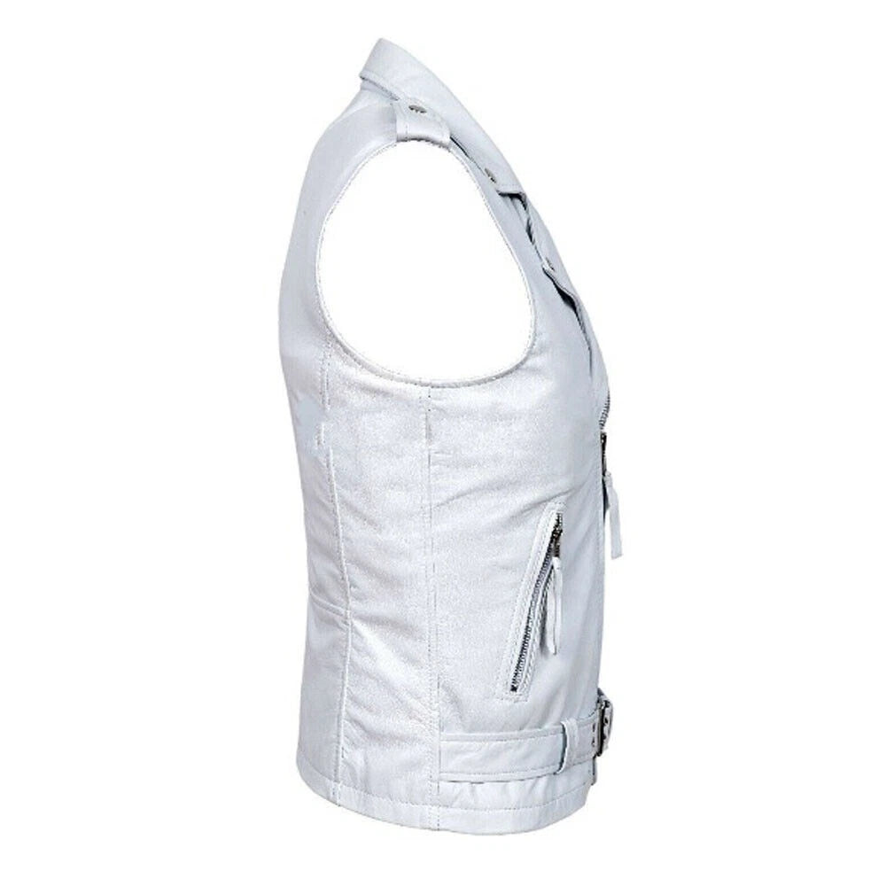 White Leather Moto Vest - Premium Full-Grain Leather Biker Vest for Men & Women