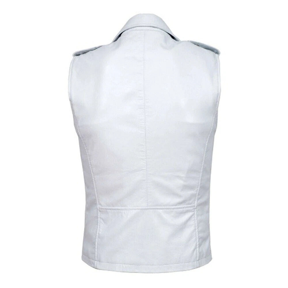 White Leather Moto Vest - Premium Full-Grain Leather Biker Vest for Men & Women