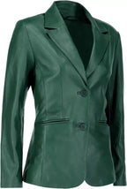 Women's Green Original Leather Blazer - Premium Full-Grain Handcrafted Jacket