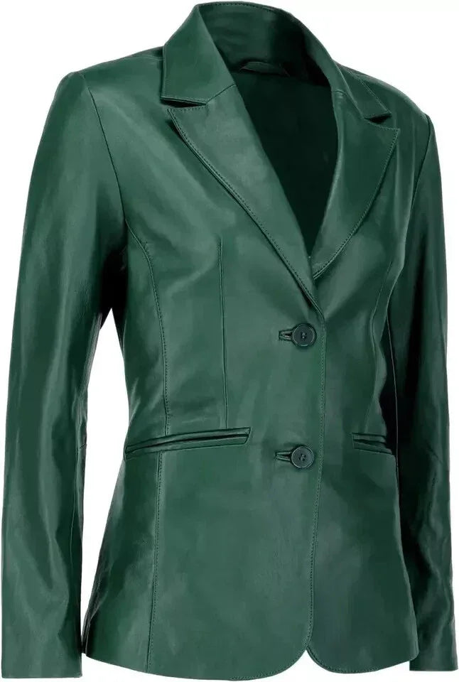 Women's Green Original Leather Blazer - Premium Full-Grain Handcrafted Jacket